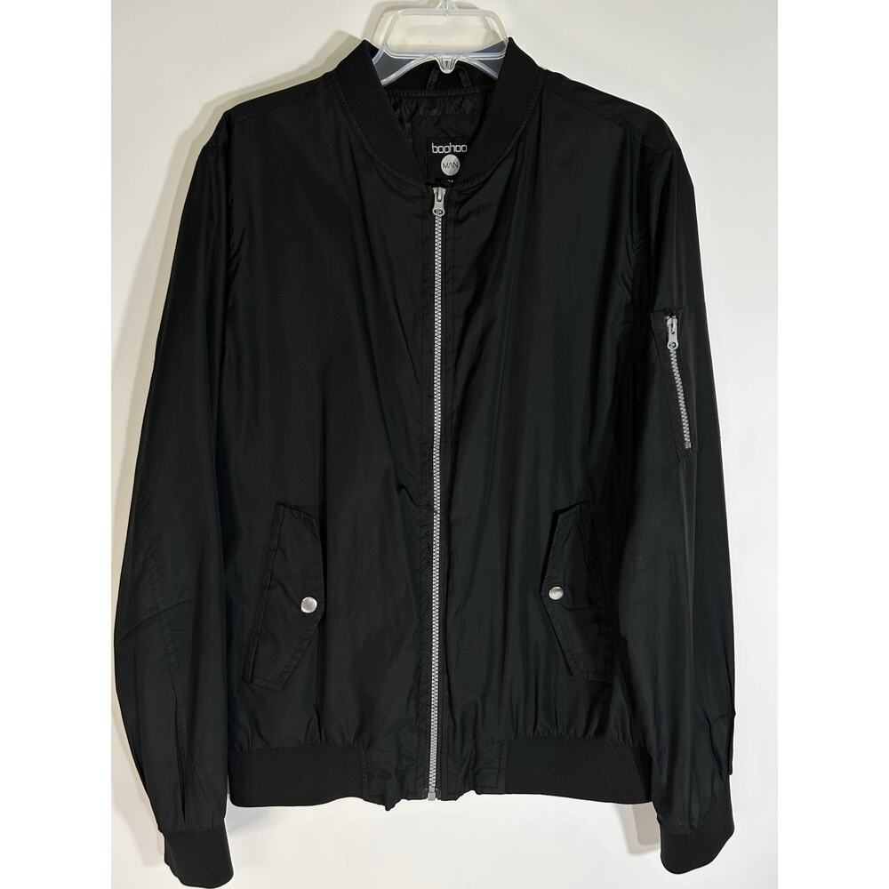 BOOHOO MAN Windbreaker Full Zip Jacket Black Lightweight Lined Men’s Medium